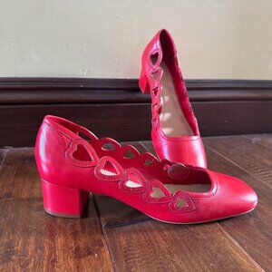 cinq a sept Martine Block Heel Red Pump with Hearts